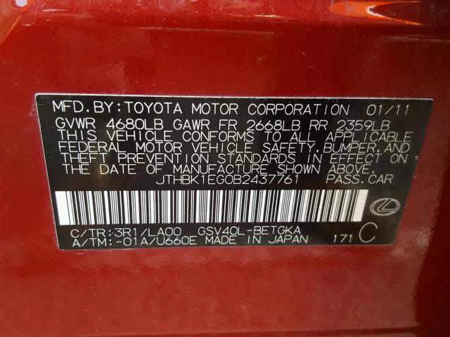 JTHBK1EG0B2437761 - 2011 LEXUS ES 350 RED photo 10