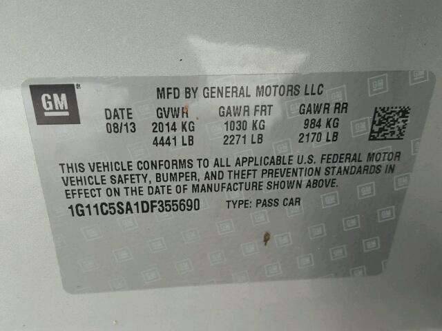 1G11C5SA1DF355690 - 2013 CHEVROLET MALIBU 1LT ვერცხლისფერი ფოტო 10