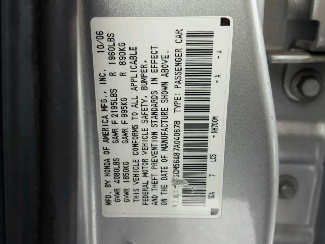 1HGCM56487A040678 - 2007 HONDA ACCORD LX SILVER photo 10