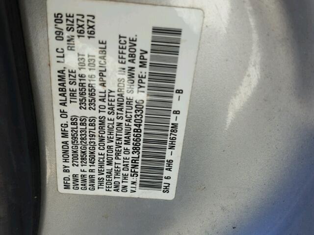 5FNRL38666B403306 - 2006 HONDA ODYSSEY EX SILVER photo 10