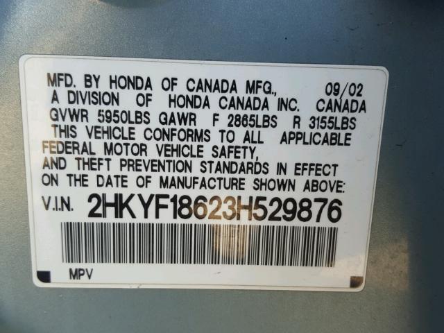 2HKYF18623H529876 - 2003 HONDA PILOT EXL BLUE photo 10