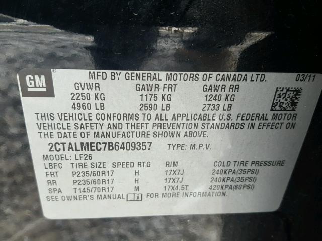 2CTALMEC7B6409357 - 2011 GMC TERRAIN SL BLACK photo 10