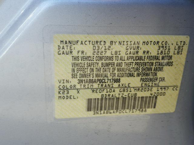 3N1AB6AP0CL717988 - 2012 NISSAN SENTRA 2.0 SILVER photo 10