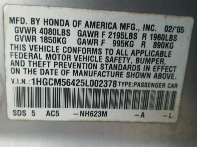 1HGCM56425L002378 - 2005 HONDA ACCORD LX GRAY photo 10