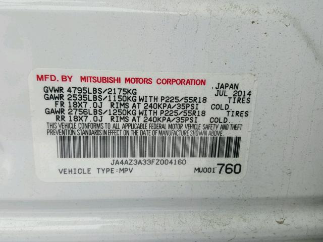 JA4AZ3A33FZ004160 - 2015 MITSUBISHI OUTLANDER WHITE photo 10