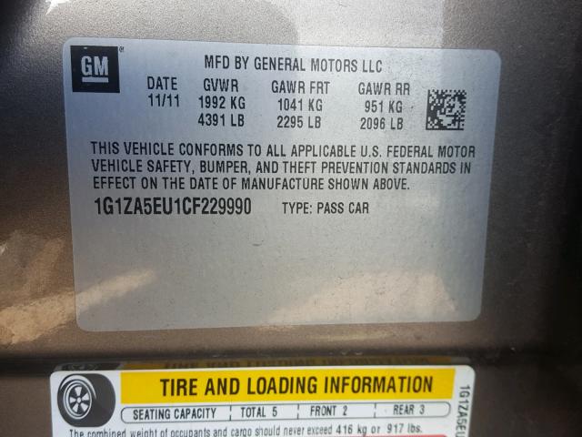 1G1ZA5EU1CF229990 - 2012 CHEVROLET MALIBU LS Boz foto 10