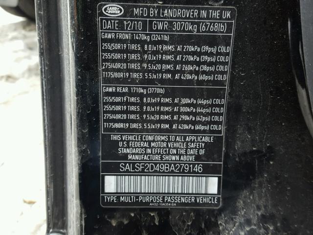 SALSF2D49BA279146 - 2011 LAND ROVER RANGE ROVE BLACK photo 10