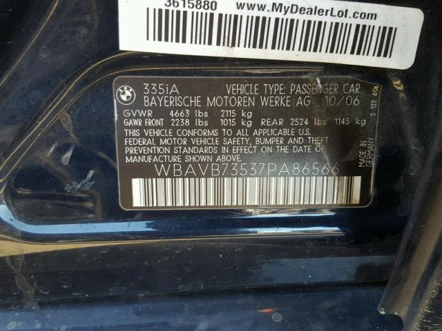 WBAVB73537PA86566 - 2007 BMW 335 I BLUE photo 10