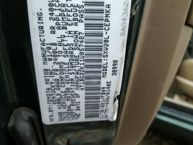 4T1BG22K11U057487 - 2001 TOYOTA CAMRY CE GREEN photo 10