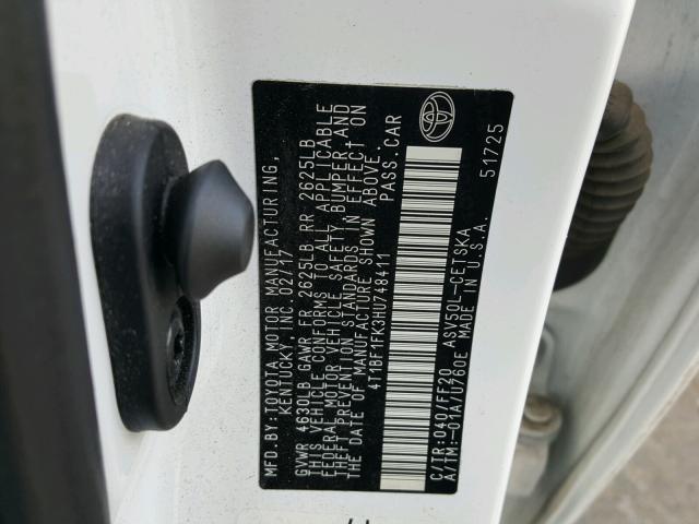 4T1BF1FK3HU748411 - 2017 TOYOTA CAMRY LE თეთრი ფოტო 10