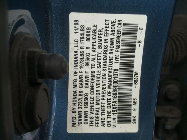 19XFA16989E001078 - 2009 HONDA CIVIC EXL 蓝色 照片 10