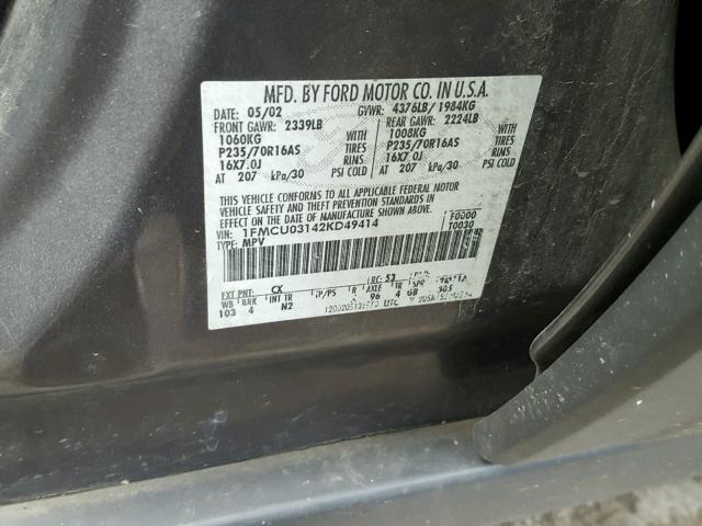 1FMCU03142KD49414 - 2002 FORD ESCAPE XLT CHARCOAL photo 10