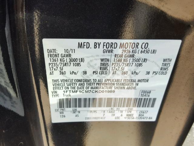 1FTMF1CM7CKD01989 - 2012 FORD F150 BLACK photo 10