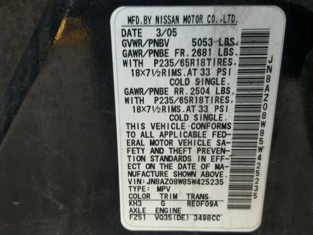 JN8AZ08W85W425235 - 2005 NISSAN MURANO SL BLACK photo 10