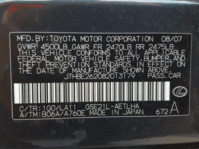 JTHBE262082013179 - 2008 LEXUS IS 350 CHARCOAL photo 10