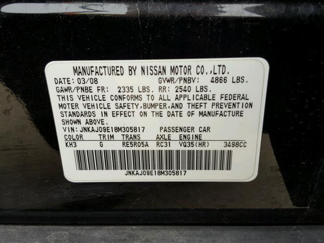 JNKAJ09E18M305817 - 2008 INFINITI EX35 BASE BLACK photo 10