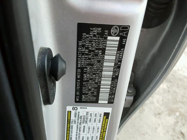 2T1KE40E79C030225 - 2009 TOYOTA COROLLA MA SILVER photo 10