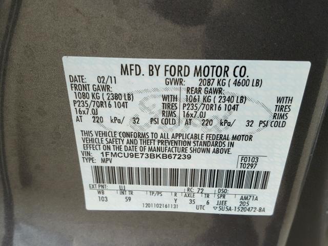 1FMCU9E73BKB67239 - 2011 FORD ESCAPE LIM CHARCOAL photo 10