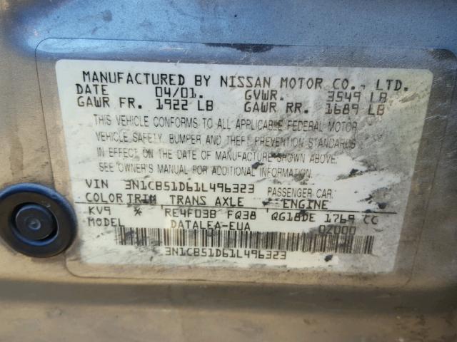 3N1CB51D61L496323 - 2001 NISSAN SENTRA XE TAN photo 10