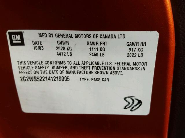2G2WS522141219905 - 2004 PONTIAC GRAND PRIX ORANGE photo 10