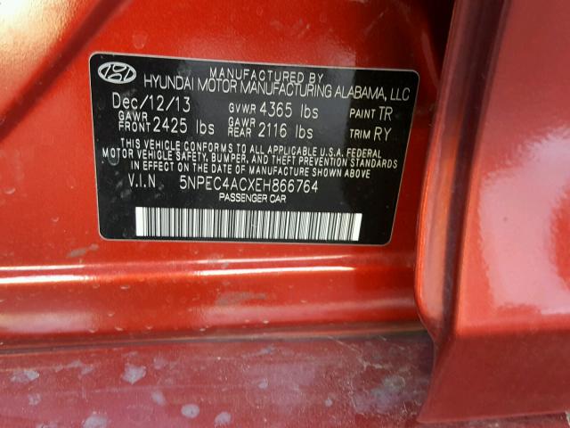 5NPEC4ACXEH866764 - 2014 HYUNDAI SONATA SE RED photo 10