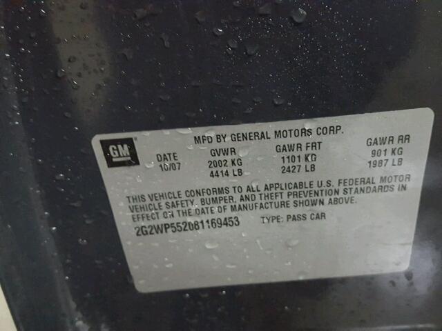 2G2WP552081169453 - 2008 PONTIAC GRAND PRIX GRAY photo 10