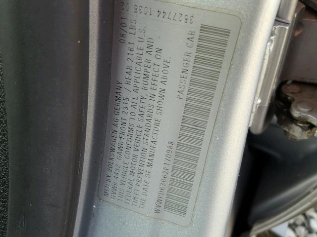 WVWPD63B62P170988 - 2002 VOLKSWAGEN PASSAT GLS SILVER photo 10