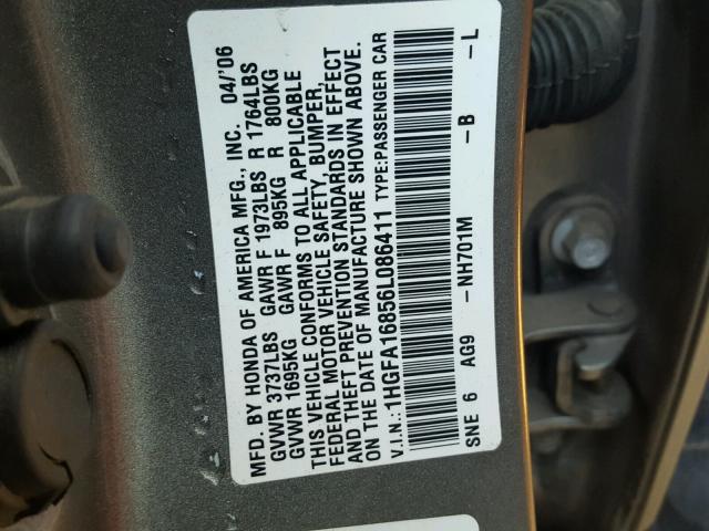 1HGFA16856L086411 - 2006 HONDA CIVIC EX BROWN photo 10