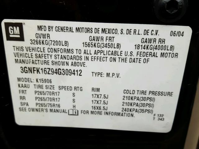 3GNFK16Z94G309412 - 2004 CHEVROLET SUBURBAN K BLACK photo 10