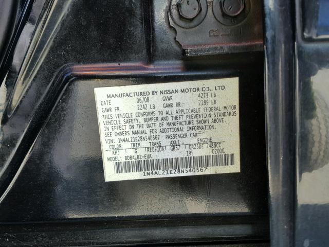 1N4AL21E28N540567 - 2008 NISSAN ALTIMA 2.5 BLACK photo 10