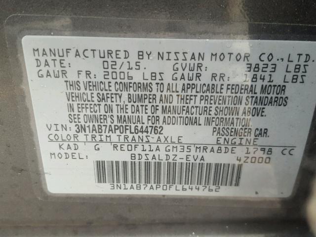 3N1AB7AP0FL644762 - 2015 NISSAN SENTRA S GRAY photo 10