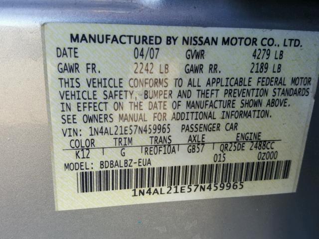 1N4AL21E57N459965 - 2007 NISSAN ALTIMA 2.5 SILVER photo 10