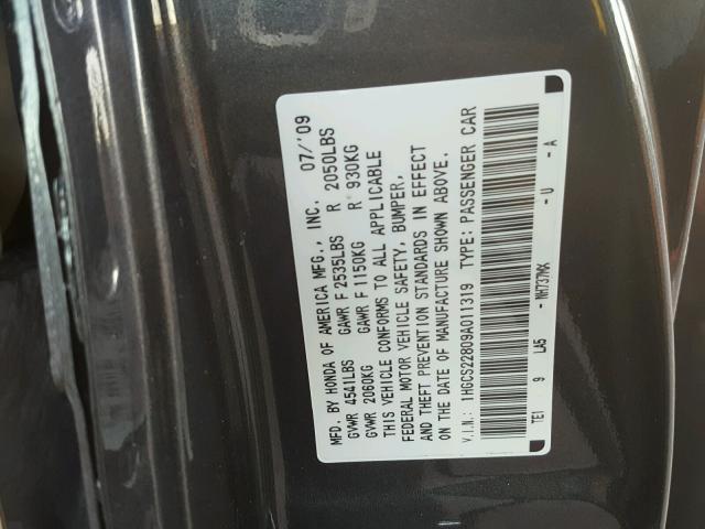 1HGCS22809A011319 - 2009 HONDA ACCORD EXL GRAY photo 10