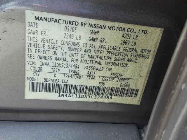 1N4AL11DX5C374484 - 2005 NISSAN ALTIMA S GRAY photo 10