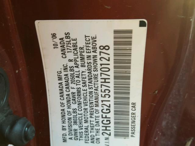 2HGFG21557H701278 - 2007 HONDA CIVIC SI RED photo 10