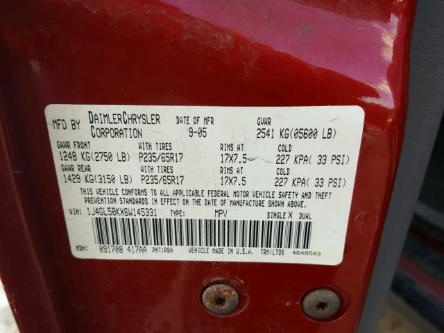 1J4GL58KX6W145331 - 2006 JEEP LIBERTY LI MAROON photo 10