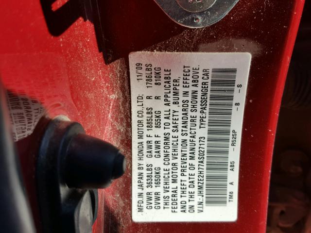 JHMZE2H77AS027173 - 2010 HONDA INSIGHT EX RED photo 10