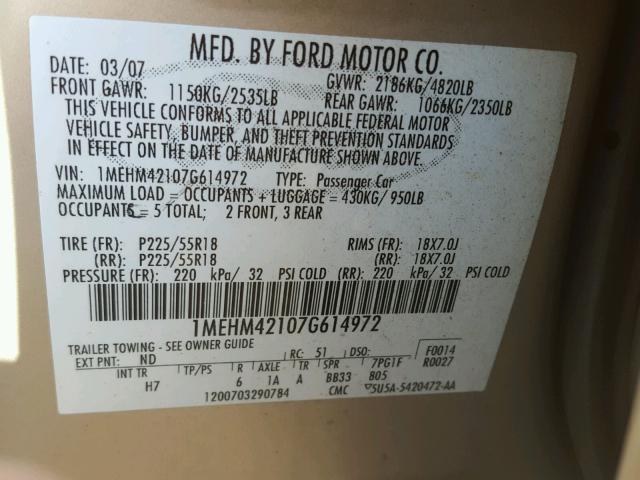 1MEHM42107G614972 - 2007 MERCURY MONTEGO PR 金色 照片 10