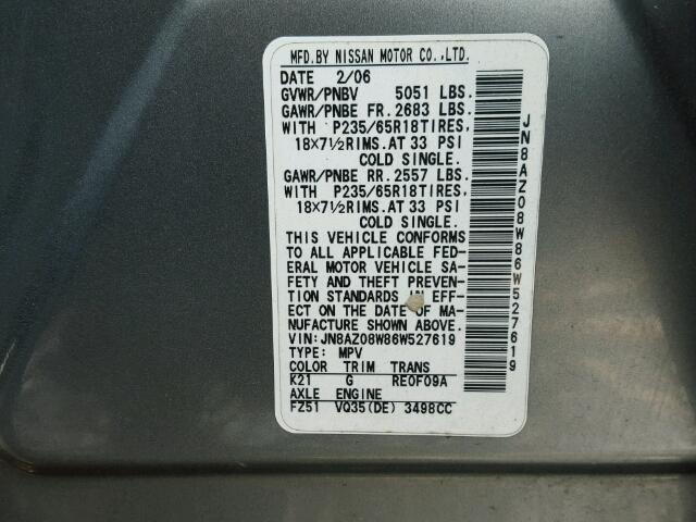 JN8AZ08W86W527619 - 2006 NISSAN MURANO SL GRAY photo 10