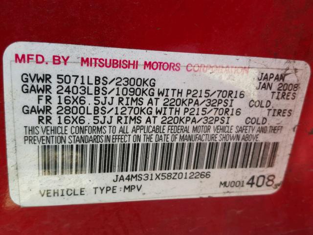 JA4MS31X58Z012266 - 2008 MITSUBISHI OUTLANDER RED photo 10