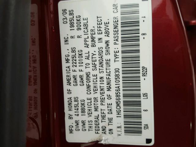 1HGCM56856A105830 - 2006 HONDA ACCORD EX RED photo 10