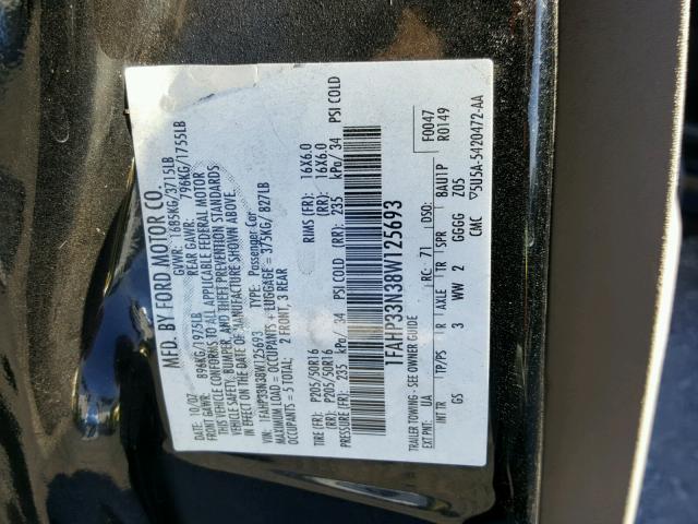 1FAHP33N38W125693 - 2008 FORD FOCUS SE BLACK photo 10