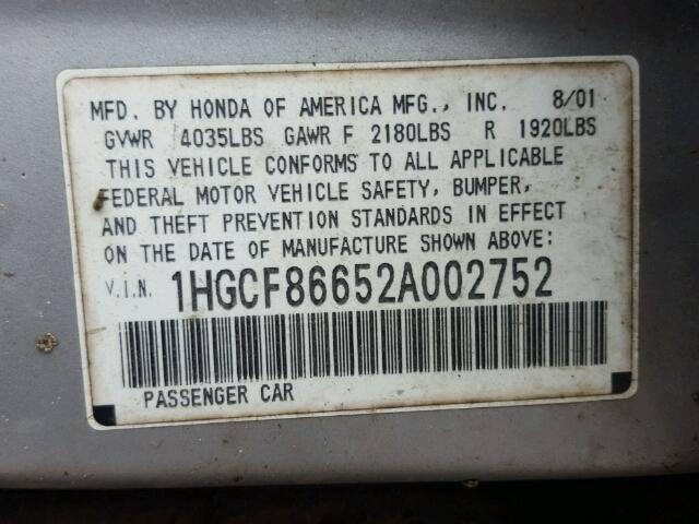 1HGCF86652A002752 - 2002 HONDA ACCORD VAL SILVER photo 10