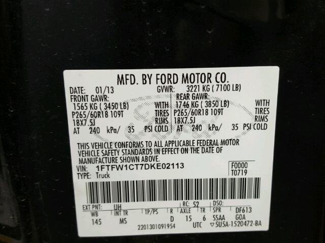 1FTFW1CT7DKE02113 - 2013 FORD F150 SUPER BLACK photo 10