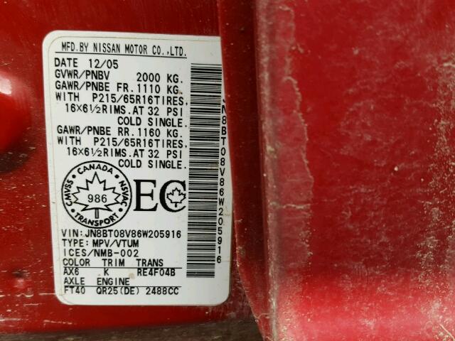 JN8BT08V86W205916 - 2006 NISSAN X-TRAIL XE RED photo 10