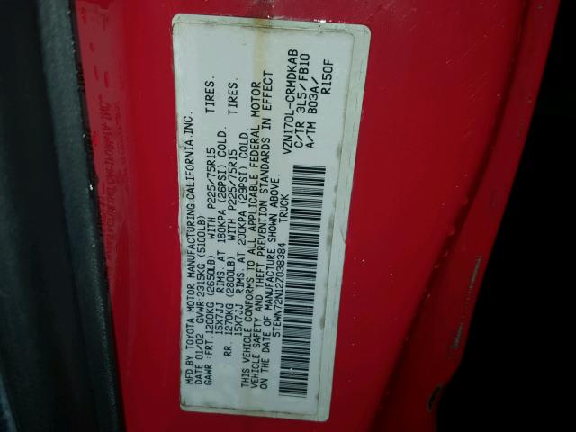 5TEWN72N12Z038384 - 2002 TOYOTA TACOMA XTR RED photo 10