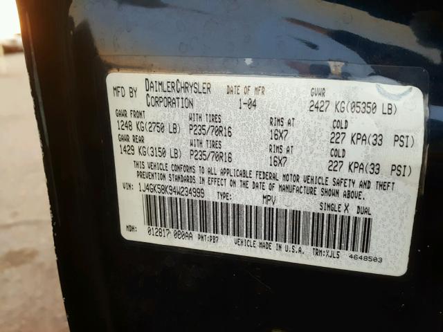 1J4GK58K94W234999 - 2004 JEEP LIBERTY LI BLUE photo 10