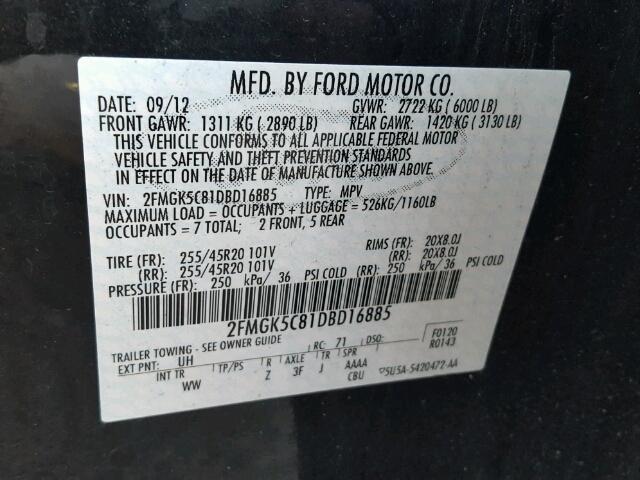 2FMGK5C81DBD16885 - 2013 FORD FLEX SEL შავი ფოტო 10