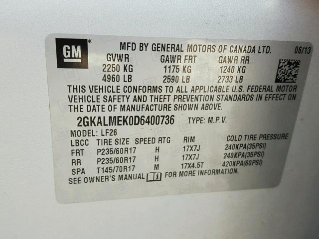 2GKALMEK0D6400736 - 2013 GMC TERRAIN SL SILVER photo 10