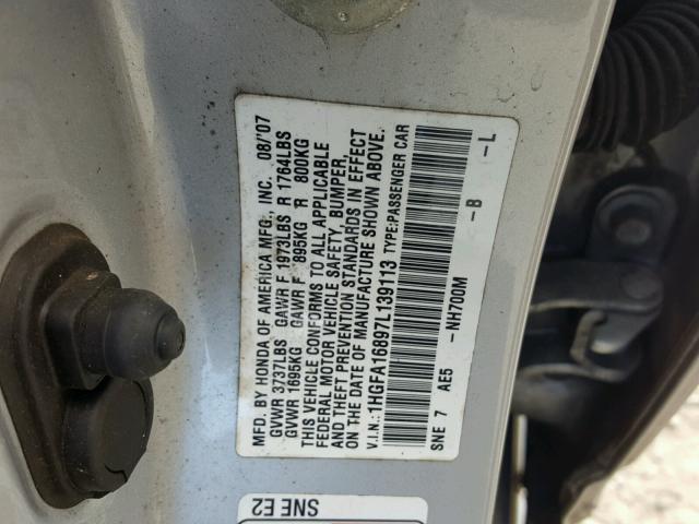 1HGFA16897L139113 - 2007 HONDA CIVIC EX SILVER photo 10